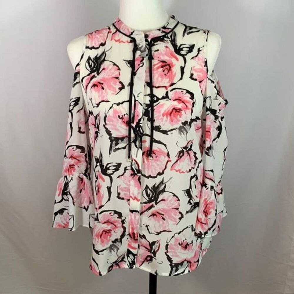 Karl Lagerfeld White, Black & Pink Floral Cold Shoulder Blouse Top